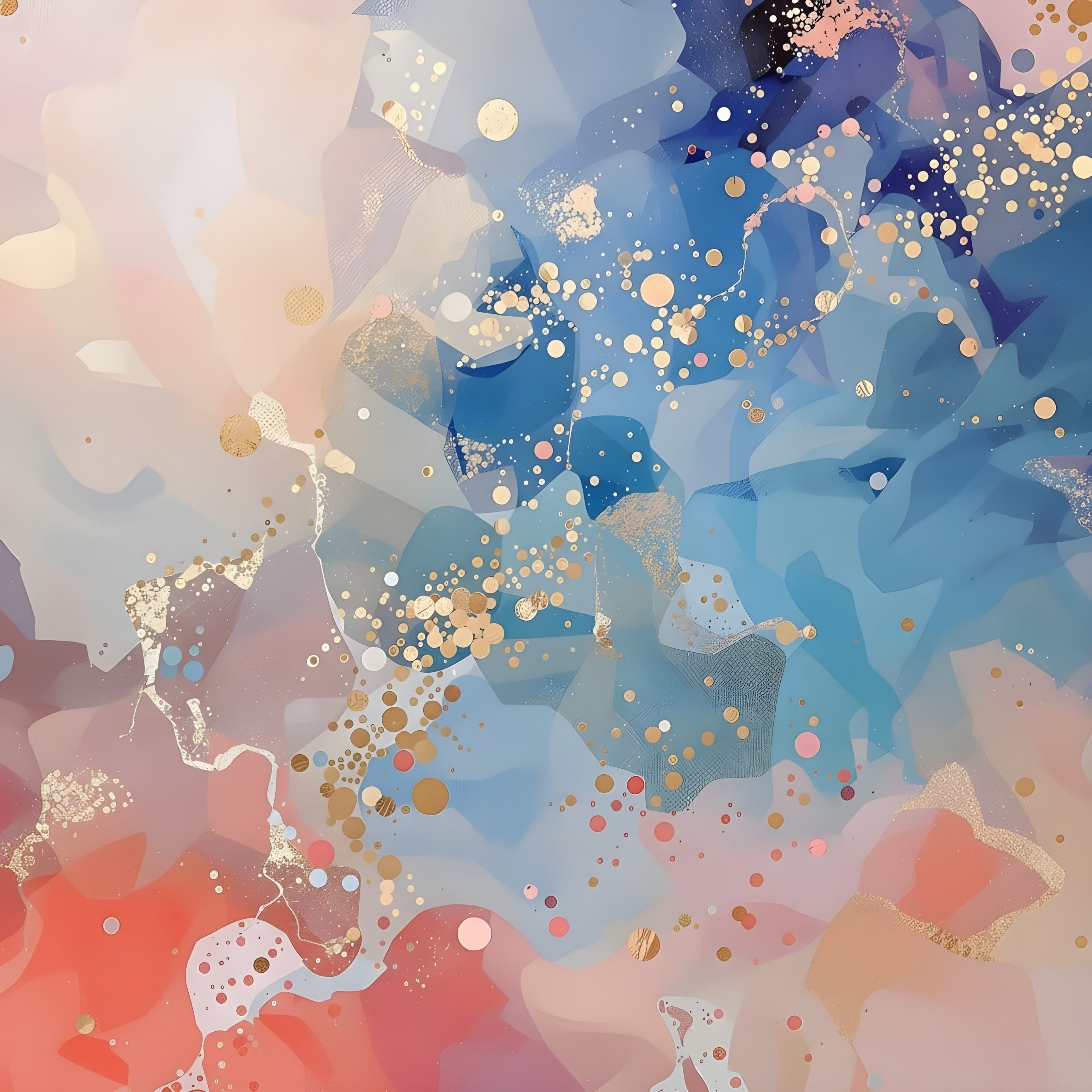 Abstract mosaic veil in coral, gold and ocean blue.