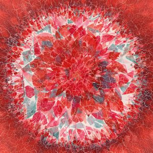 Abstract floral mosaic with crimson and teal aura.