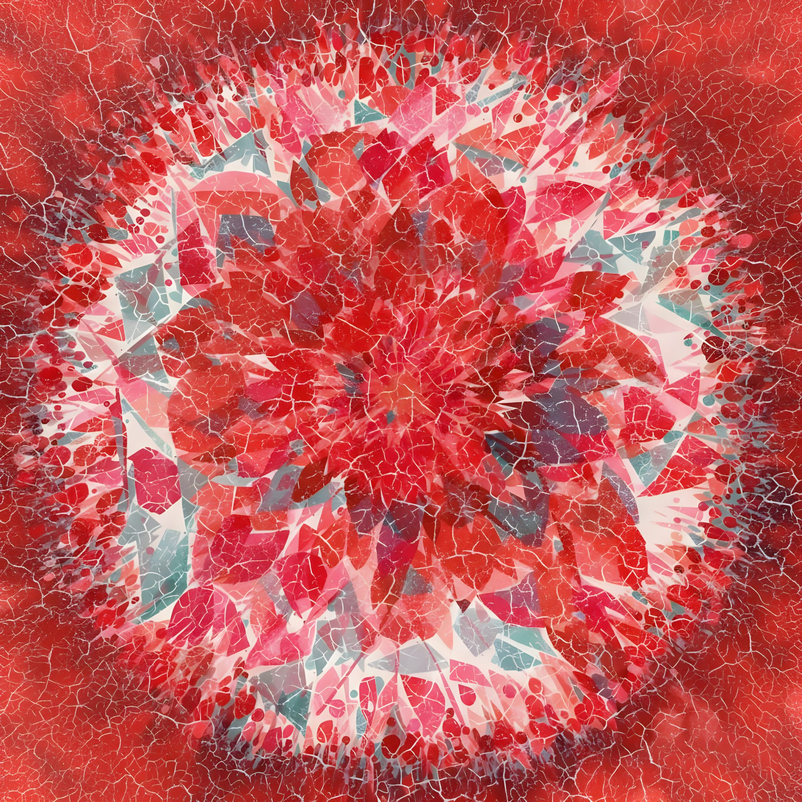Abstract floral mosaic with crimson and teal aura.