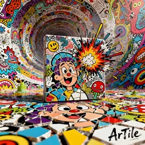 Mosaic cartoon fusion with doodles, neon fragments, and surreal detail