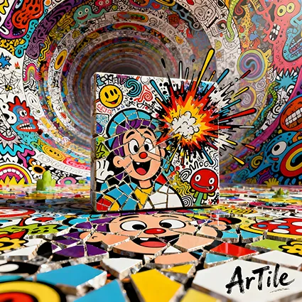 Mosaic cartoon fusion with doodles, neon fragments, and surreal detail