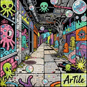 Vibrant tessera fusion of comic surrealism and alien motifs