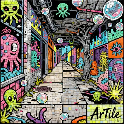 Vibrant tessera fusion of comic surrealism and alien motifs
