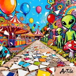 Mosaic carnival bursting with cartoon shards and neon colour