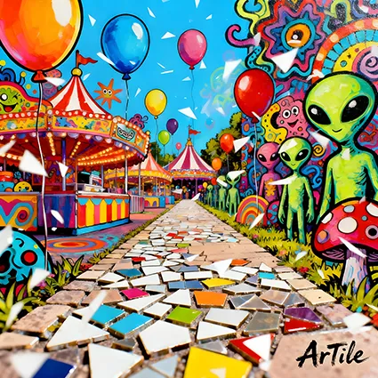 Mosaic carnival bursting with cartoon shards and neon colour