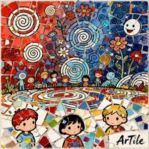 Surreal tessera fusion of childlike figures and looping doodles