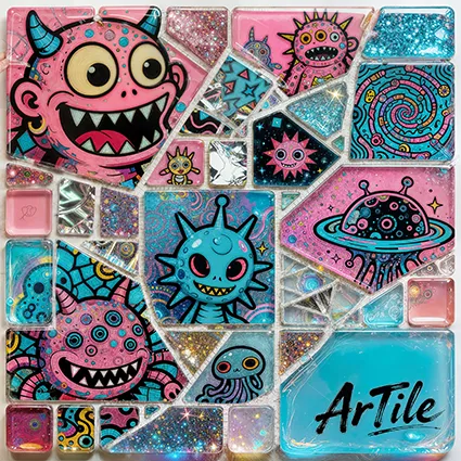 Tessera fusion plaza with absurd cartoon creatures and patterns