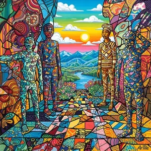 Surreal mosaic garden with tessellated figures and creatures