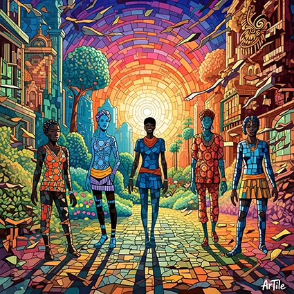 Mosaic city figures walking toward radiant sun