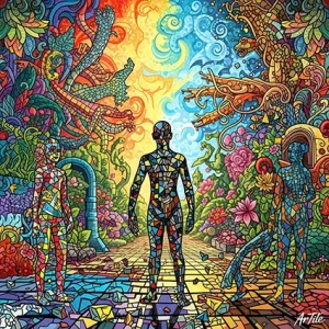 Surreal mosaic garden with tessellated figures and creatures