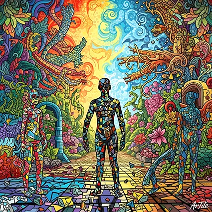 Surreal mosaic garden with tessellated figures and creatures