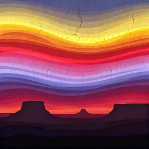 Abstract desert horizon in ochre, crimson, violet layers.