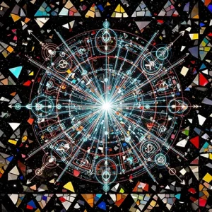 Abstract cosmic map in turquoise, indigo, earthy red.