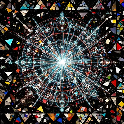 Abstract cosmic map in turquoise, indigo, earthy red.