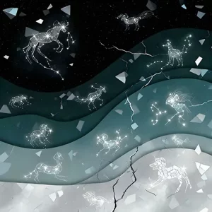 Abstract starfield with teal, silver and black layers.