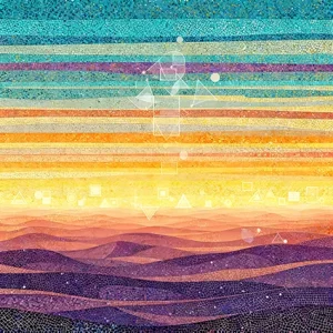 Abstract desert horizon with turquoise, amber, violet bands.