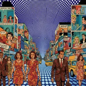 Mosaic comic street with dotted sky and suited figures