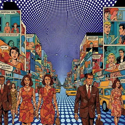 Mosaic comic street with dotted sky and suited figures