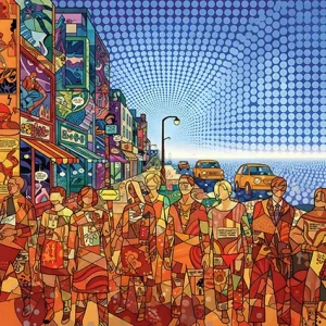 Collaged city sidewalk with faceless mosaic crowd