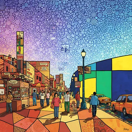 Mosaic market street under spiral dotted sky