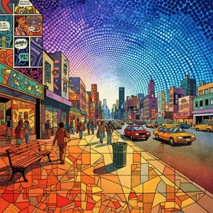 Busy mosaic avenue with taxis and tessera pavement