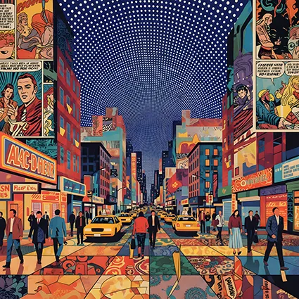 Nighttime mosaic street glowing with neon and comics