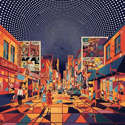 Orange mosaic street with dotted night sky