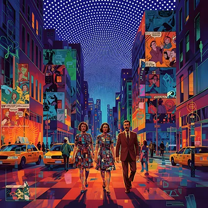 Mosaic comic avenue with glowing lamps and taxis