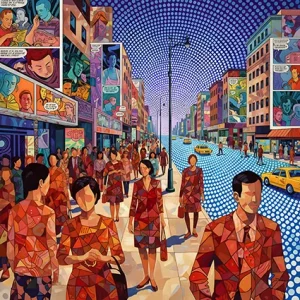 Night street with glowing tessera windows and figures